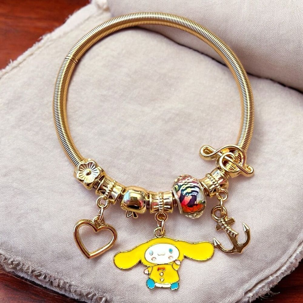 💎2/$30💎 Yellow Cinnamoroll Heart Anchor Gold Tone Stretch Charm Bracelet